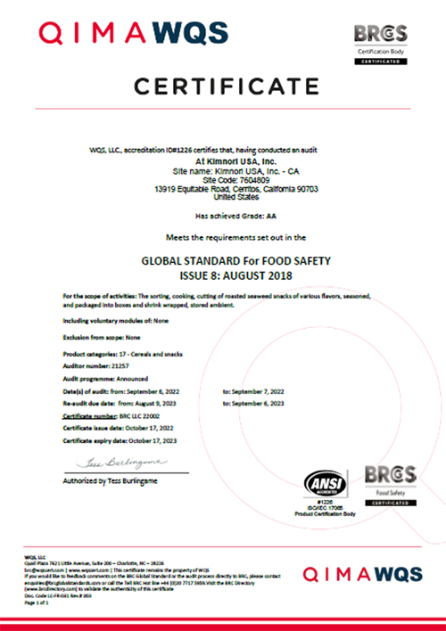 Food manufacturing certificate - BRCS