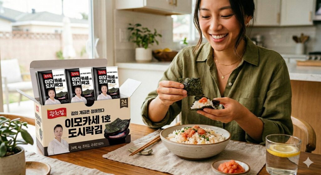 Gemini said A woman smiling as she prepares a hand-rolled wrap using Gwangcheon Kim Imokase No. 1 seasoned seaweed, rice, and mentaiko, with an open box of the product from South Korea’s West Coast on the table in a kitchen in Cerritos, California.
