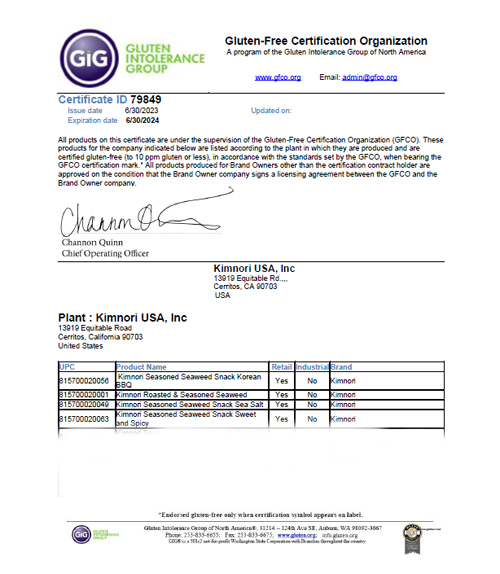 Food manufacturing certificate - Gluten Free