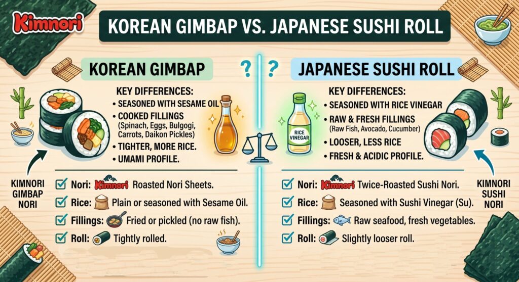 Infographic comparing Korean Gimbap and Japanese Sushi Roll - Vinegar vs. Sesame Oil, Cooked Fillings vs. Raw Fish - Kimnori Gimbap & Sushi Nori