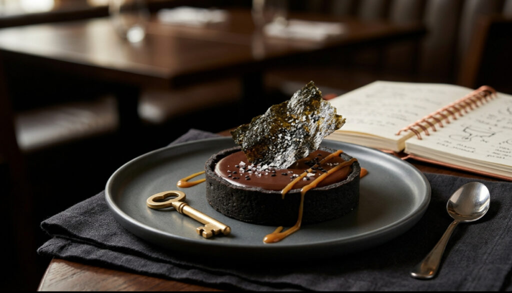 Gourmet umami dessert featuring a rich chocolate tart topped with toasted seaweed strips and finely milled green seaweed powder.