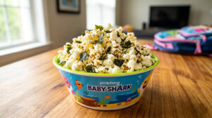 A bright, appetizing close-up food photography shot of freshly popped popcorn mixed with small, crumbled flakes of dark green roasted seaweed. The popcorn is piled high in a brightly colored, kid-friendly snack bowl sitting on a warm wooden kitchen table.