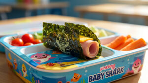 A crisp, dark green roasted seaweed sheet folded like a mini taco shell, filled with a slice of deli ham and yellow cheddar cheese. The snack is resting on a colorful, fun kid's lunchbox container. Natural sunlight, shallow depth of field, high resolution, vibrant colors, clean-label food aesthetic