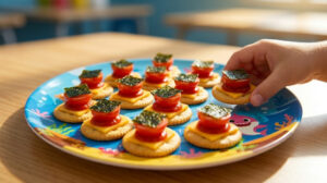 A bright, appetizing close-up food photography shot of bite-sized cracker snacks arranged on a fun, colorful plate. Each round cracker is topped with a small square of yellow cheese, a dollop of red tomato sauce, a cherry tomato half, and small square garnish pieces of roasted green seaweed. Fun, colorful, healthy kid's lunchbox snack, natural lighting, high-end food styling