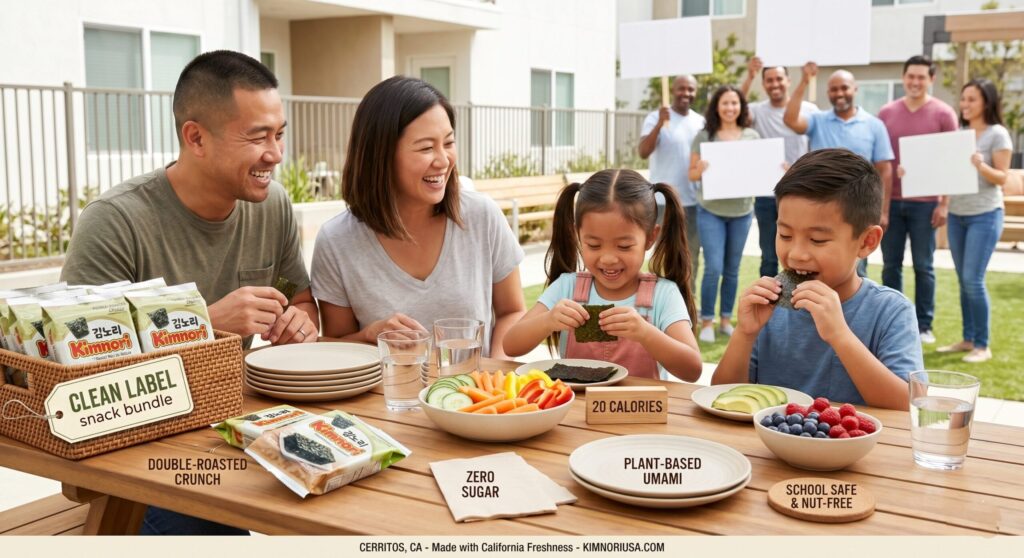 A happy family enjoying Kimnori seaweed snacks at a lifestyle dinner table setting in California, featuring clean label dietary highlights like keto-friendly, 20 calories, zero sugar, and nut-free school safety.